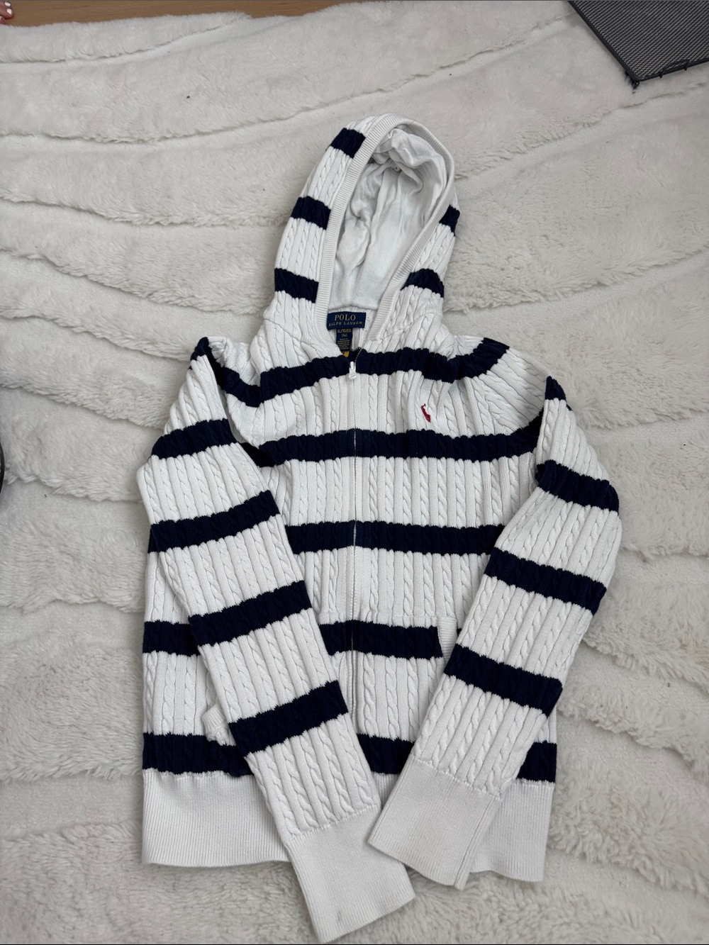 Polo by Ralph Lauren White and Navy Striped Cable-Knit Zip Hoodie